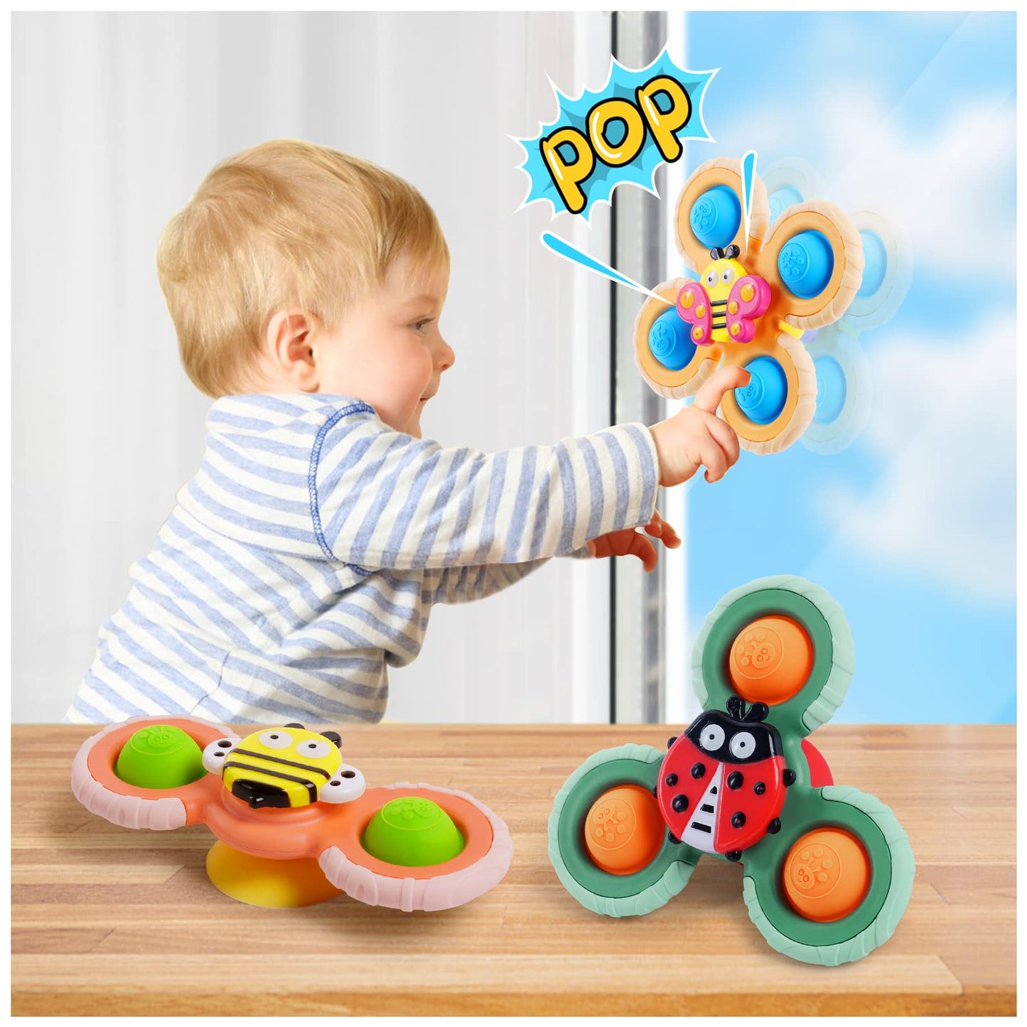 Vicloon Suction Cup Spinner Toys - 3PCS Baby Bath Sensory Toys for Anxiety Relief - Travel Toys for Babies 18 Months Up (Insect)