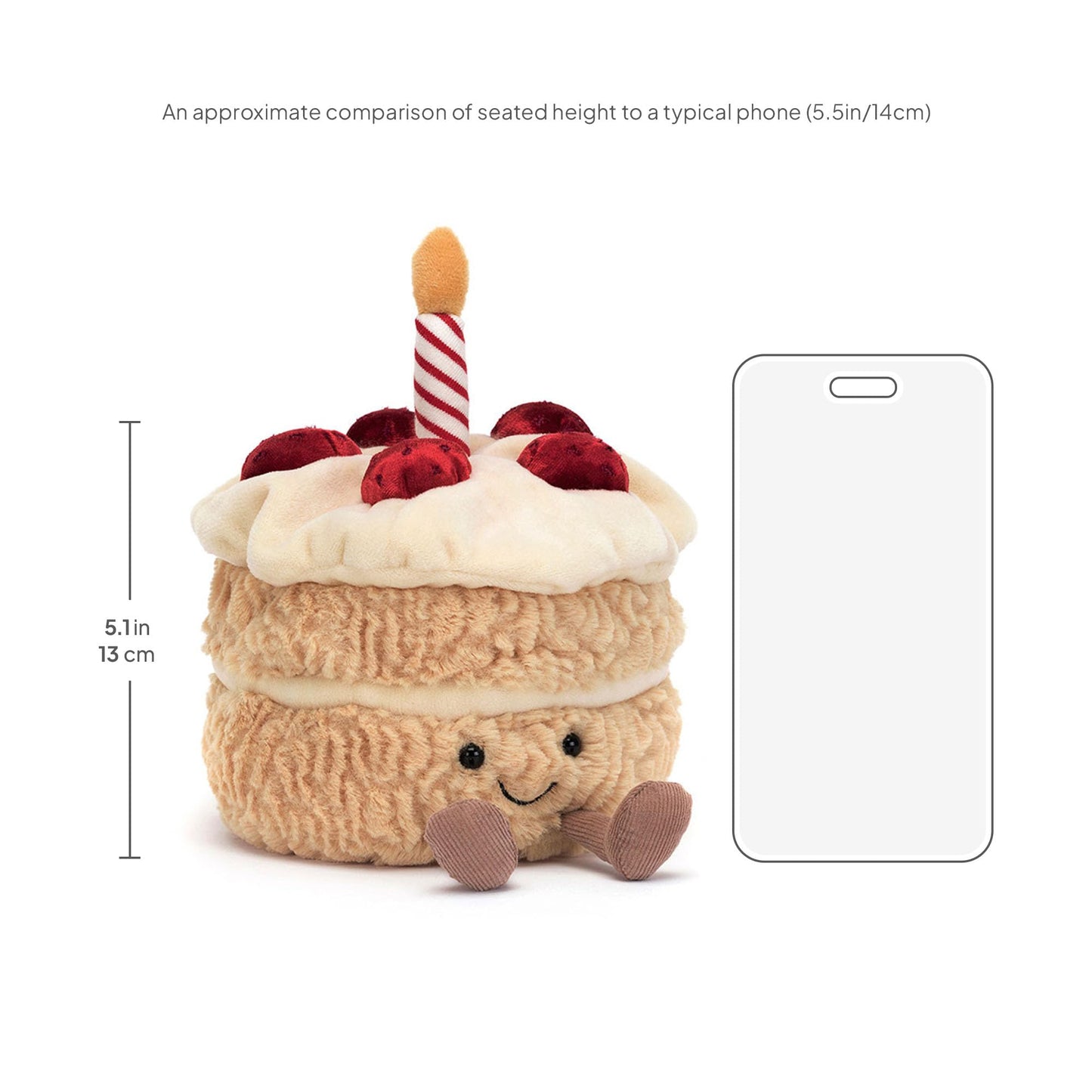 Jellycat Amuseable Birthday Cake plush decoration with colorful frosting and a smiling face, perfect for celebrations.