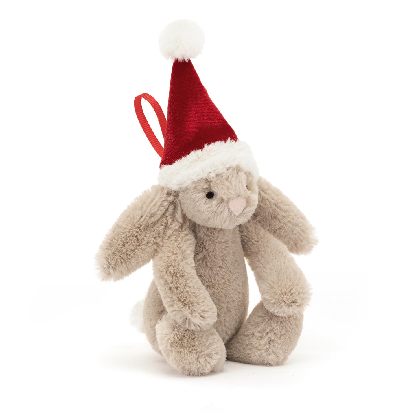 Jellycat Bashful Christmas Bunny Decoration, soft plush bunny with festive design, measuring 13 cm tall and 5 cm wide.