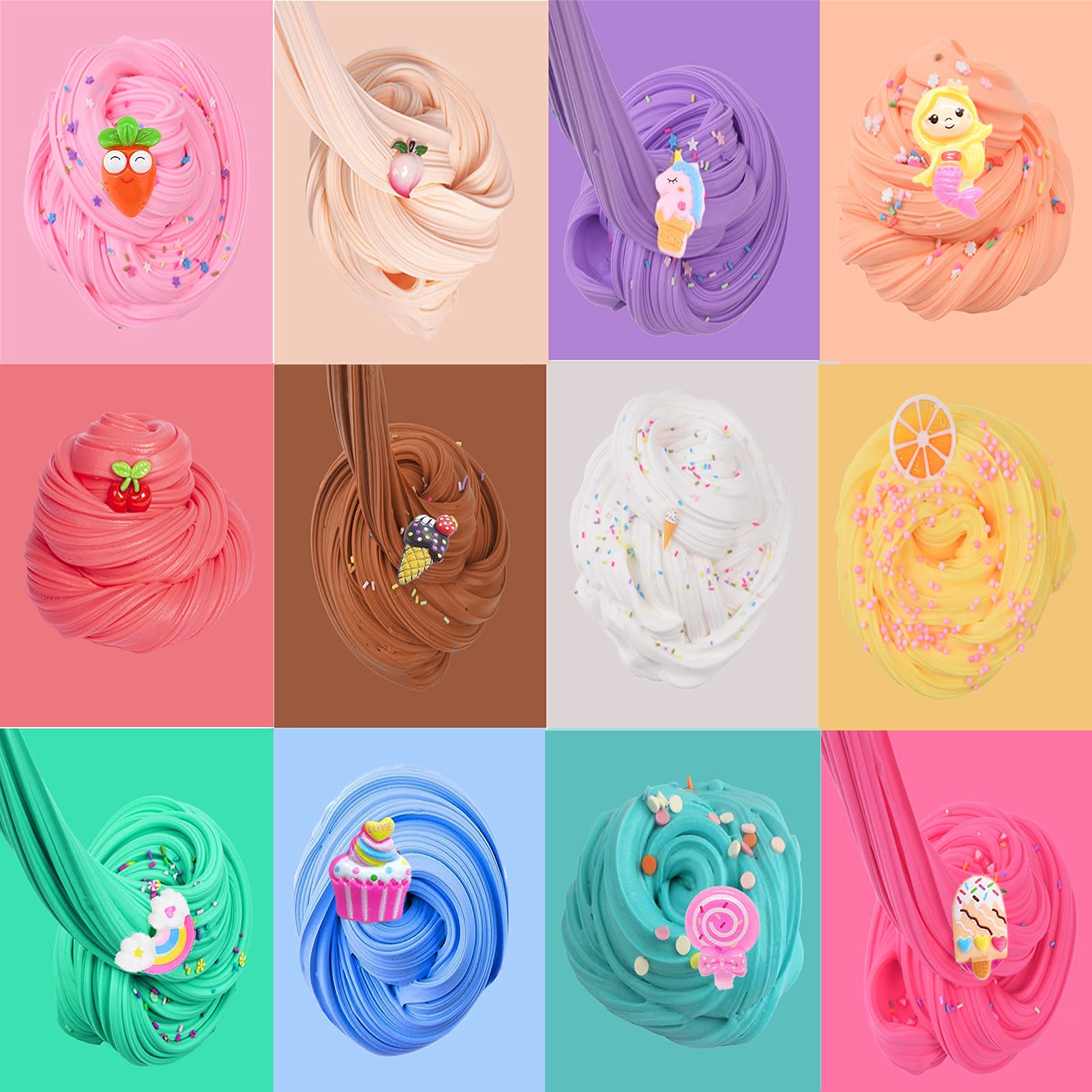 12-pack Petyuioyu fluffy slime kit with rainbow unicorn and fruit slime, super soft, non-sticky stress relief slime putty toys for kids.