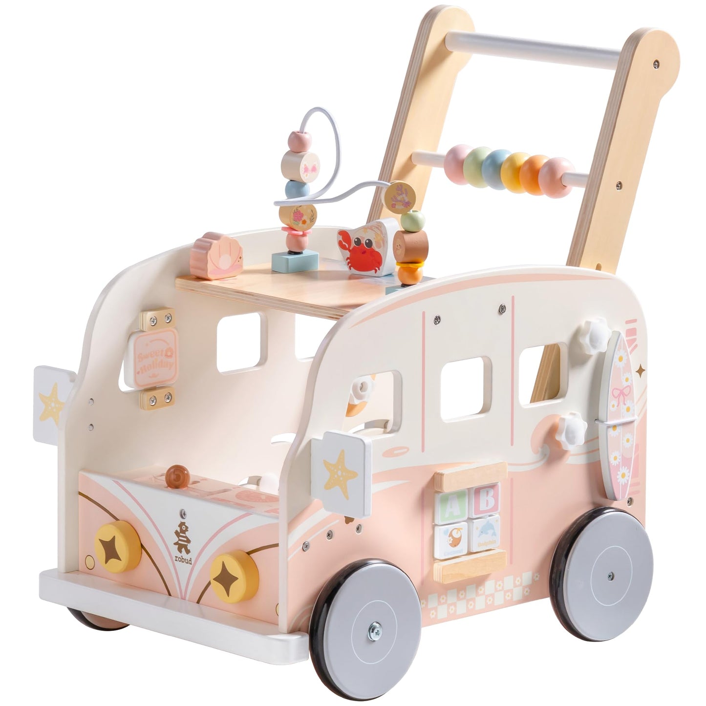 ROBUD Wooden Baby Walker with tropical beach bus design, adjustable height, for toddlers learning motor skills, ages 10 months to 2 years