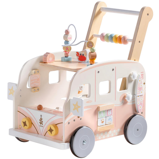 ROBUD Wooden Baby Walker with tropical beach bus design, adjustable height, for toddlers learning motor skills, ages 10 months to 2 years