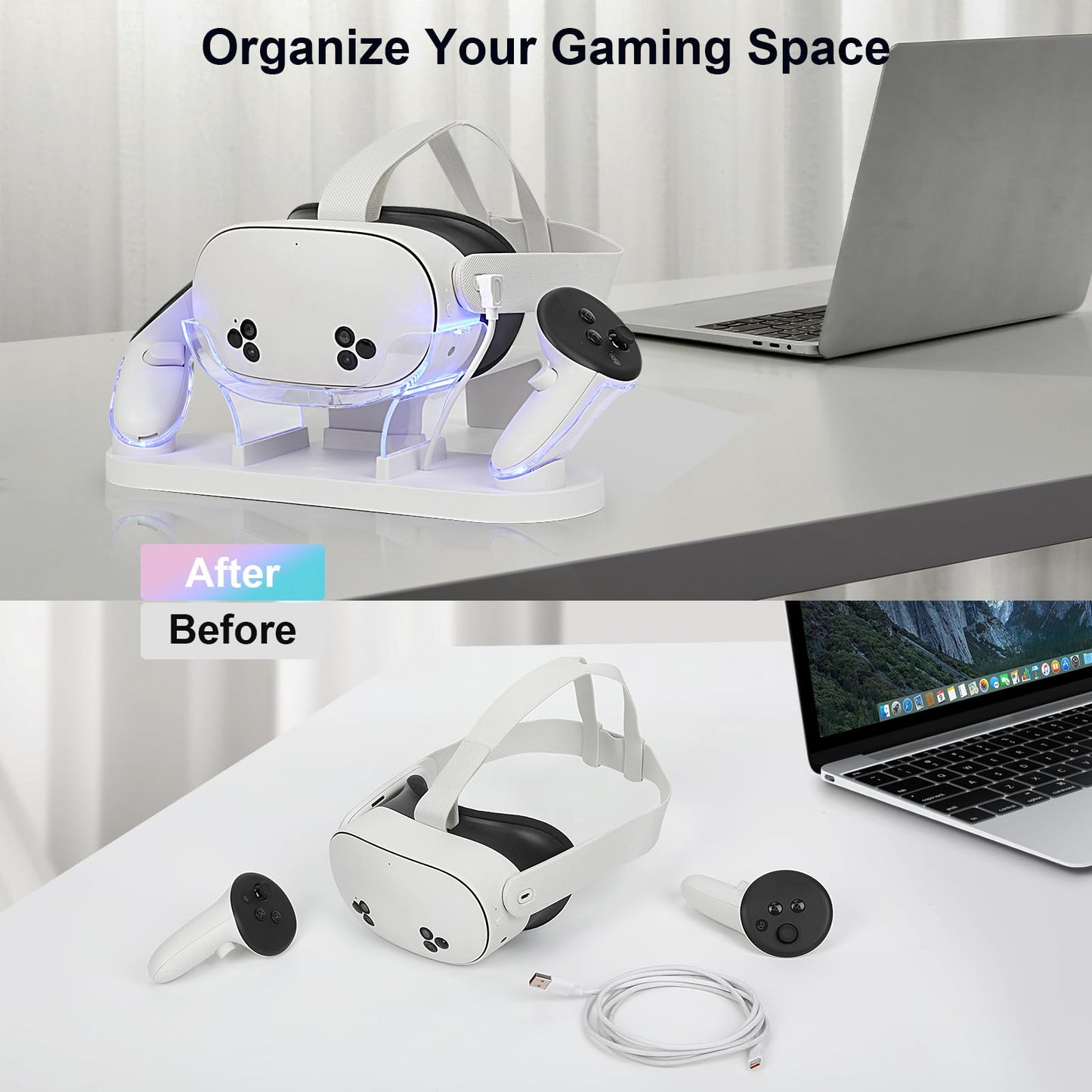 Charging Dock for Meta Quest 3S/Quest 3,VR Charger Station Stand with LED/RGB Light,Charging Station for Quest 3S/Quest3 Headset and Controller,USB-C Fast Charging (white)