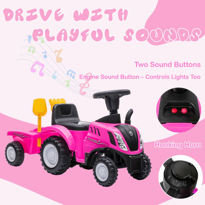 NINODOVAE Ride On Tractor, NEW HOLLAND Licensed car toy, Toddler Sliding Walker with Steering Wheel, horn music&lights for 12-36 months (Pink)