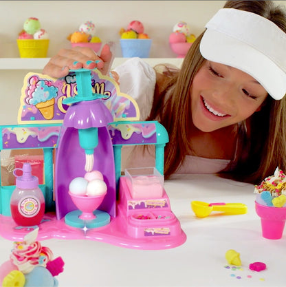 Pink So Slime DIY Fluffy Ice Cream Factory kit with fun decorations and accessories for making slime sundaes, glue-free, ages 6+.