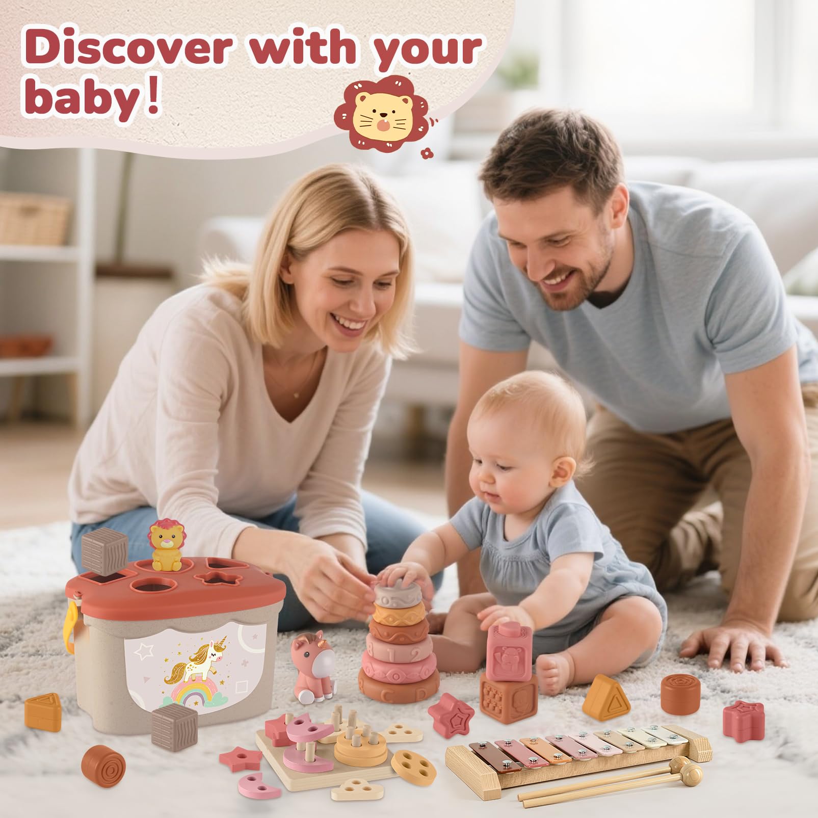 Almaxi 5-in-1 Montessori baby toys for 6-12 months including stacking rings, blocks, shape sorter, and xylophone in colorful design.