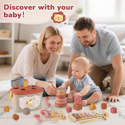 Almaxi 5-in-1 Montessori baby toys for 6-12 months including stacking rings, blocks, shape sorter, and xylophone in colorful design.