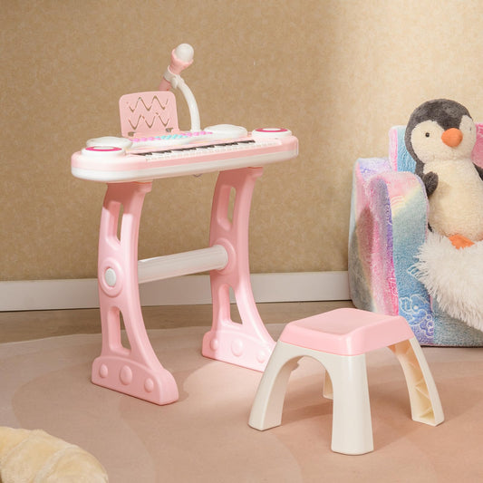 Pink Maxmass 37-key kids electronic piano keyboard with stool, microphone, flashing lights, music scores, and record/playback features.