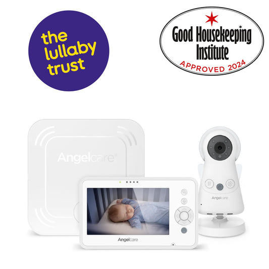 Angelcare AC25-1 movement monitor with video and sound, showing a baby in a crib with a monitor screen and control buttons.