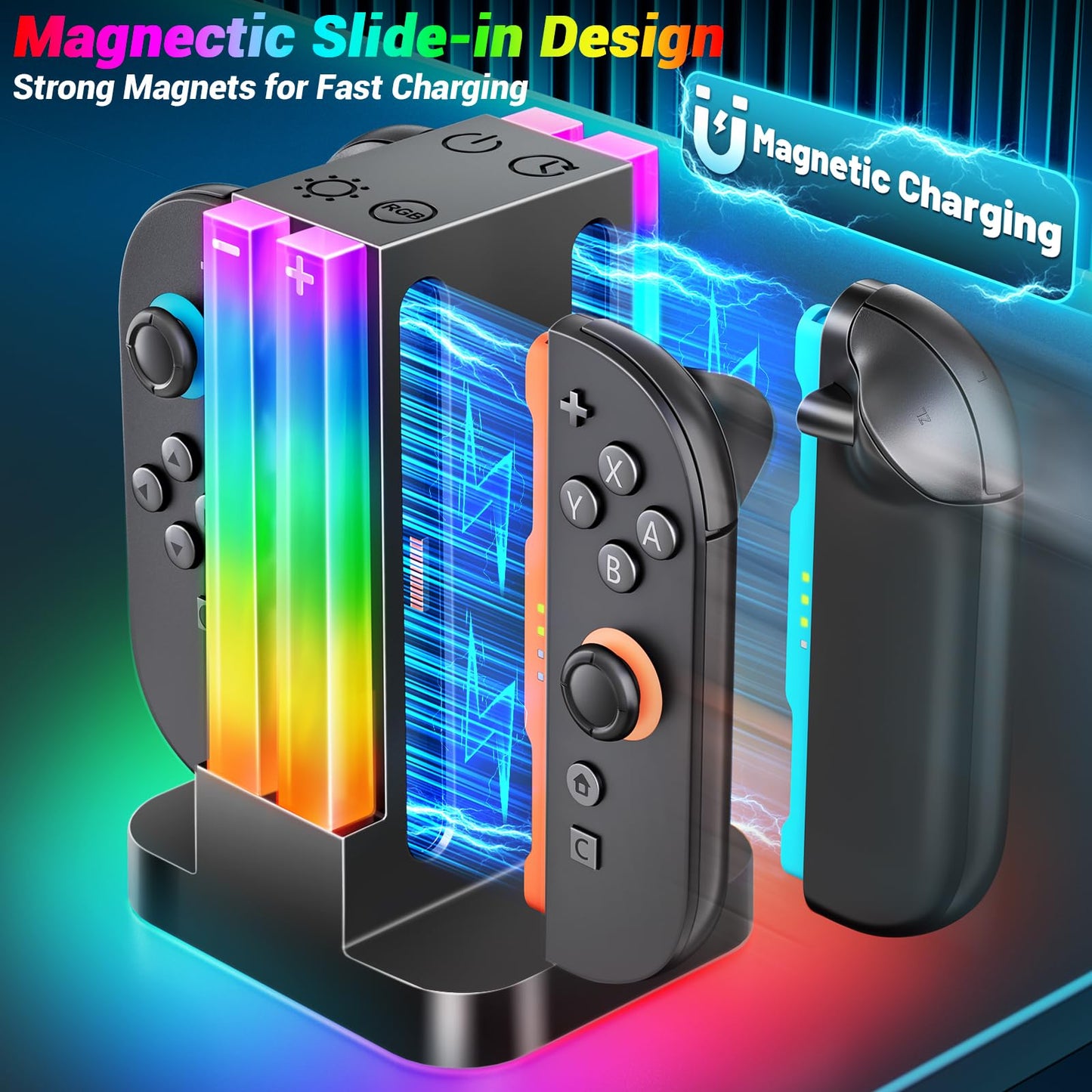 Wenocally Switch 2 Controller Charging Station Compatible with Nintendo Switch 2 for Joy-Con and OLED Model Controller with 6 RGB Light Modes and Timer Function, Charging Station Bag Storage