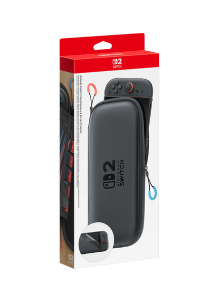 Nintendo Switch 2 carrying case and screen protector, black protective accessories for portable gaming console.
