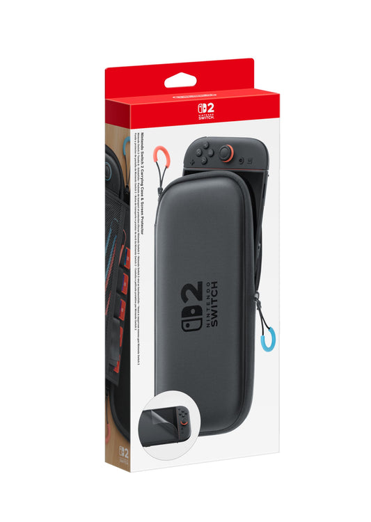 Nintendo Switch 2 carrying case and screen protector, black protective accessories for portable gaming console.