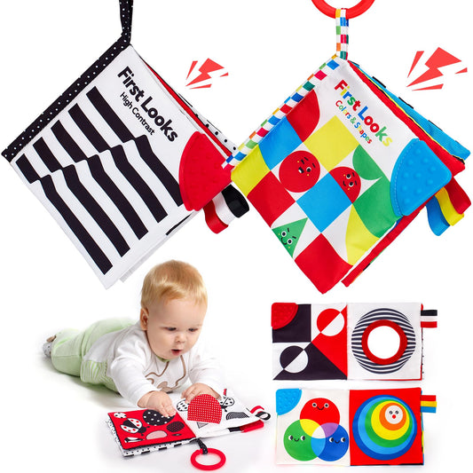 hahaland 2 Pack Baby Toys 0-6 Months, High Contrast Soft Baby Books, Hangable Sensory Toys Crinkle Cloth Books Folding Infant Toys, Newborn Toys 0-3 6 9 12 Months Boys Girls Gifts