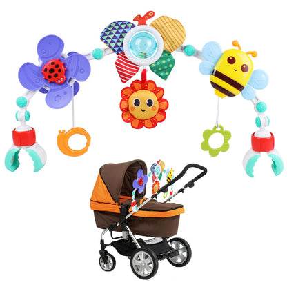 Colorful baby play arch crib toy with hanging rattles and plush toys, suitable for newborns and toddlers on strollers and car seats.