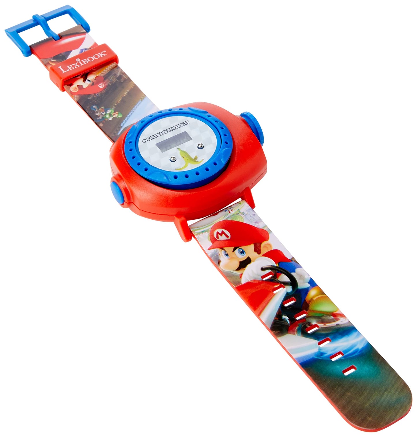 LEXIBOOK Nintendo Mario Kart projection watch for children with digital screen, featuring Mario Kart images in red and blue.