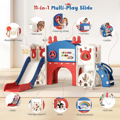 Kids Slide,Indoor Thickened Widened toddler slide with basketball hoop, climbing frame for the garden,storage space slide ((7-in-1 Elk Slide-Blue and Red))