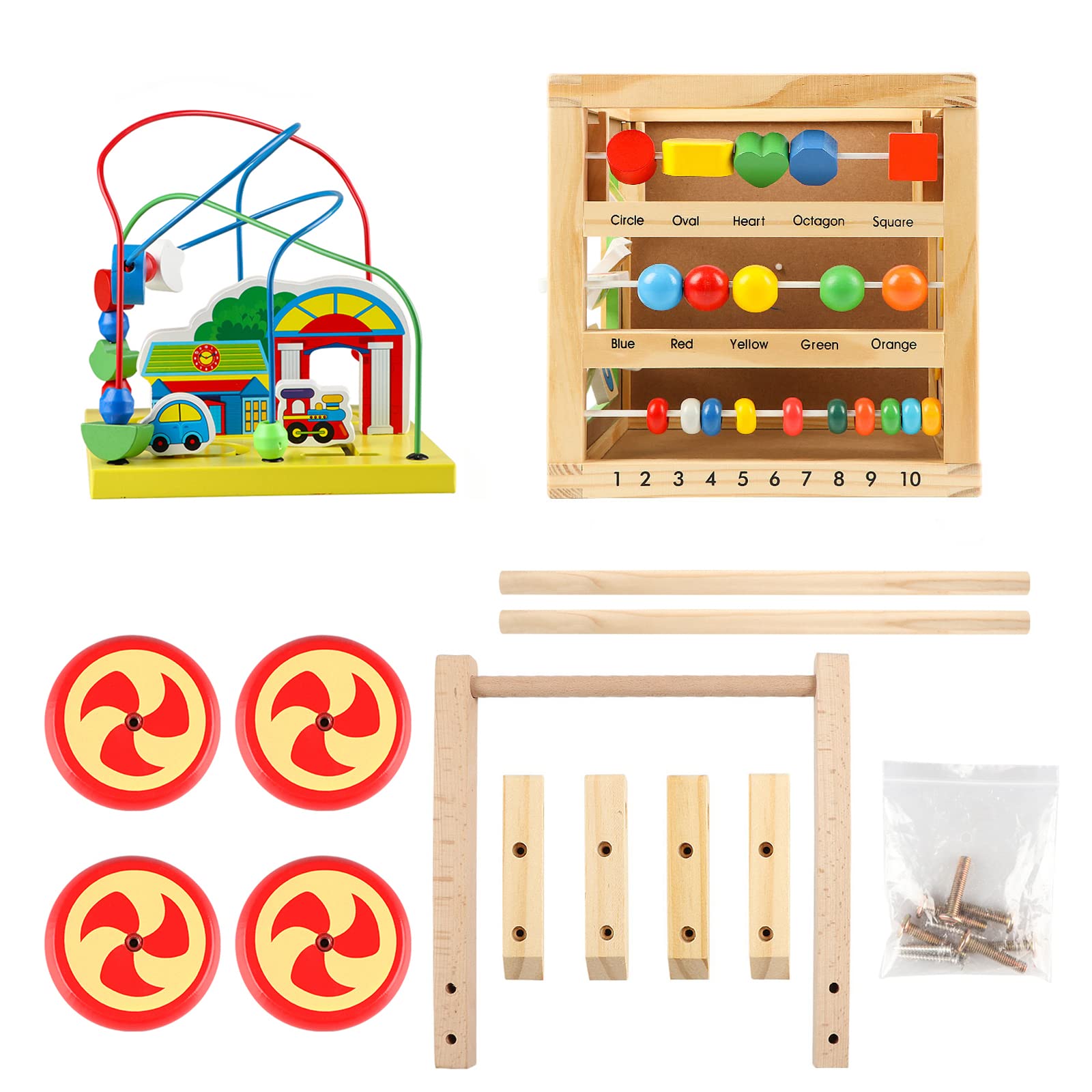 Wondertoys wooden activity cube with colorful shapes, animal figures, and a push walker for baby learning and play.