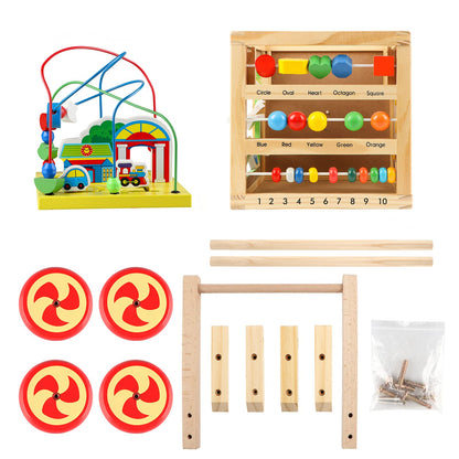 Wondertoys wooden activity cube with colorful shapes, animal figures, and a push walker for baby learning and play.
