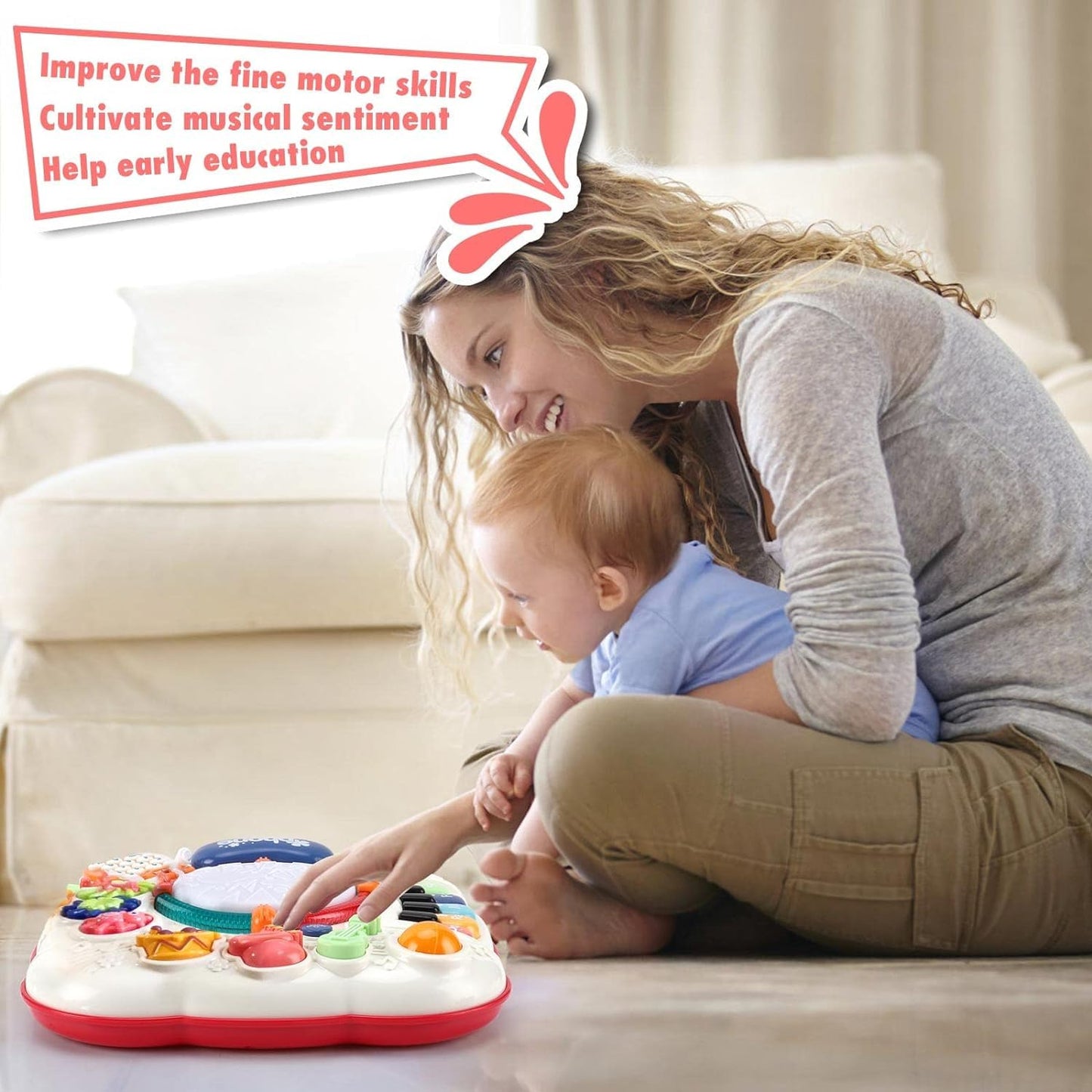 Cemirk baby activity table in red with musical toys, designed for infants and toddlers aged 6-36 months.