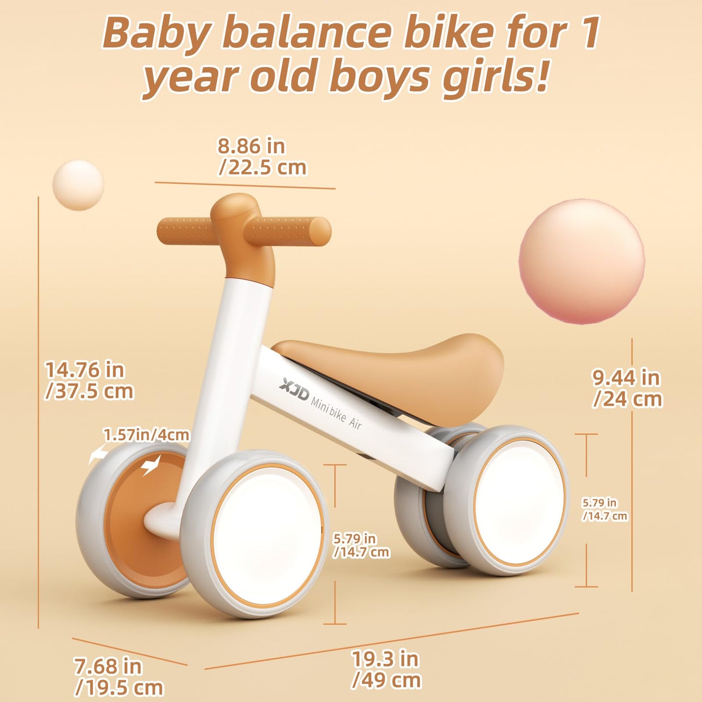 Brown XJD baby balance bike for toddlers, designed for 10-24 months, featuring no pedals and sturdy construction.