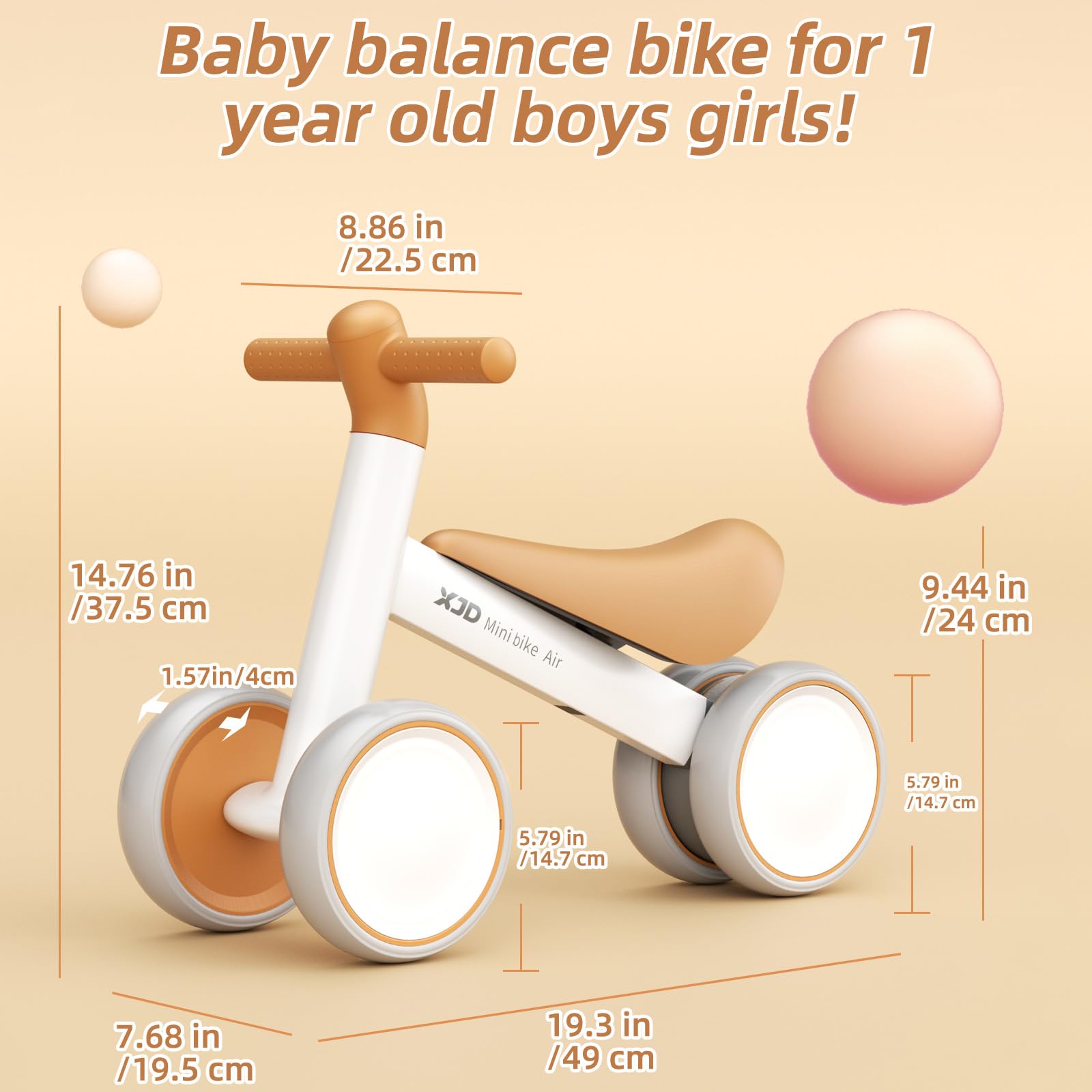 Brown XJD baby balance bike for toddlers, designed for 10-24 months, featuring no pedals and sturdy construction.
