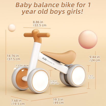 Brown XJD baby balance bike for toddlers, designed for 10-24 months, featuring no pedals and sturdy construction.