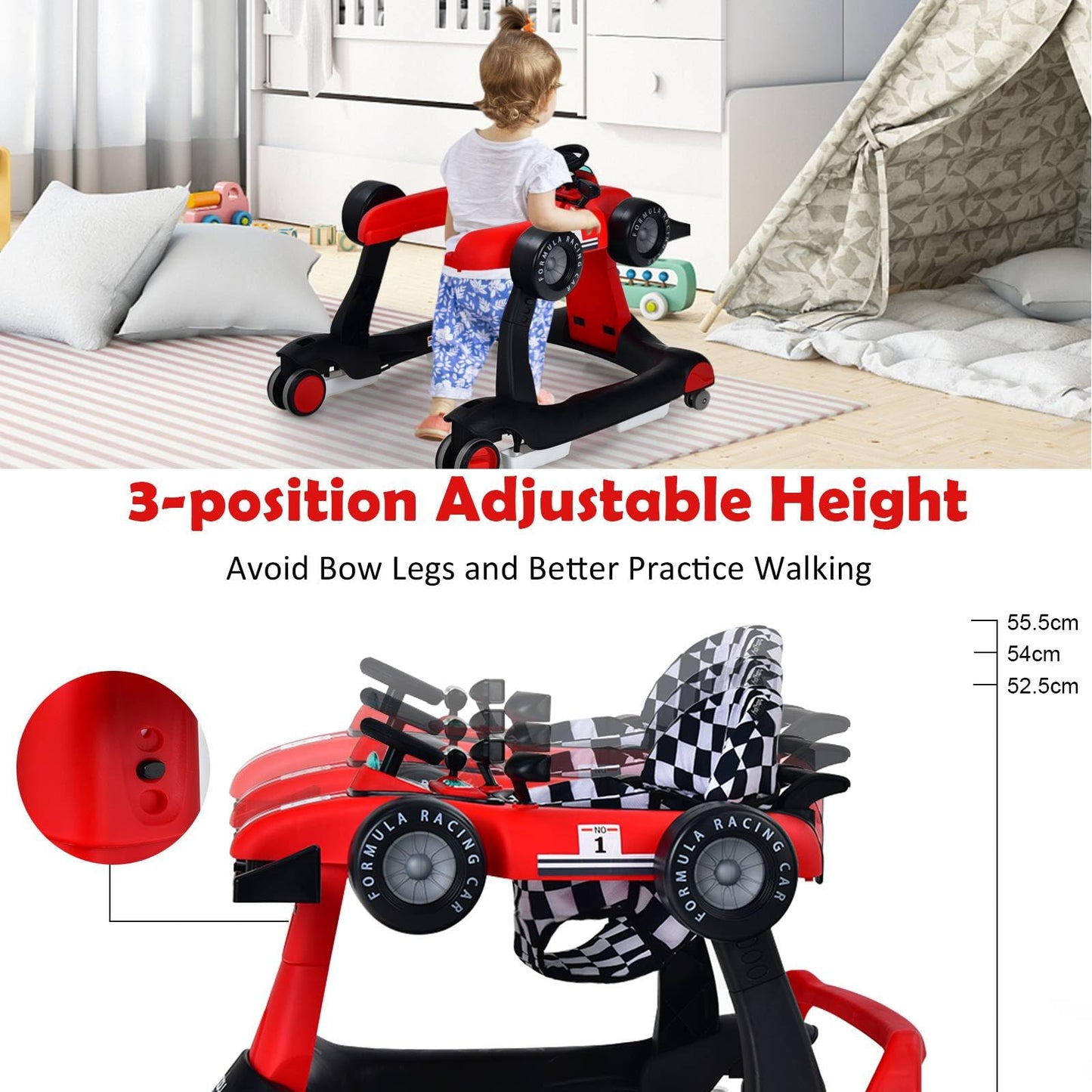 Maxmass Baby Walker, 4 in 1 Infant Sit-to-Stand Walker with Adjustable Height & Speed, Steering Wheels, Detachable Seat Cushion, Foldable Toddler Activity Walkers for Boy Girl 6-18 Months (Red)