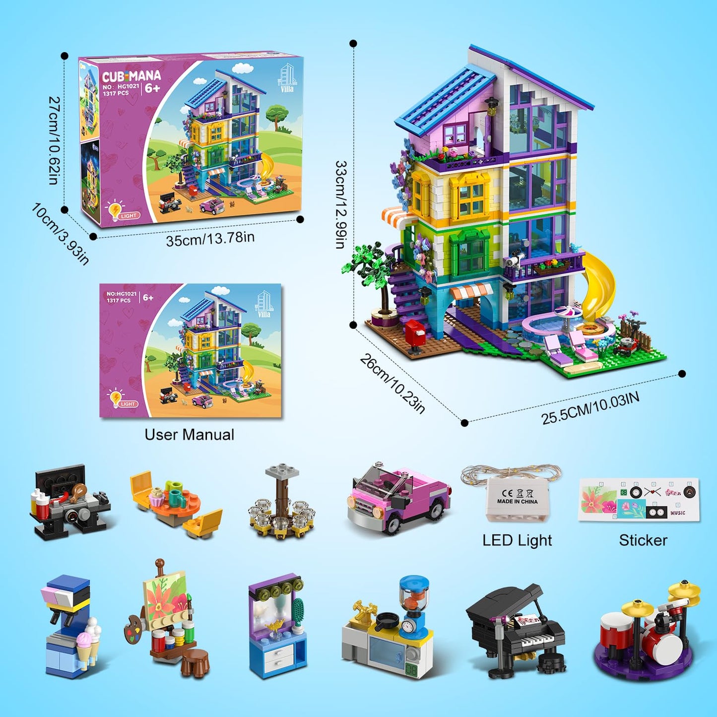 CUBIMANA Friends Girls House Building Set with LED Light - Pink Girl Villa Building Block with Car and Pool, 1317PCS Friends House Toy for Role Play, Christmas Birthday Gift for Girls Boys Age 6-14+