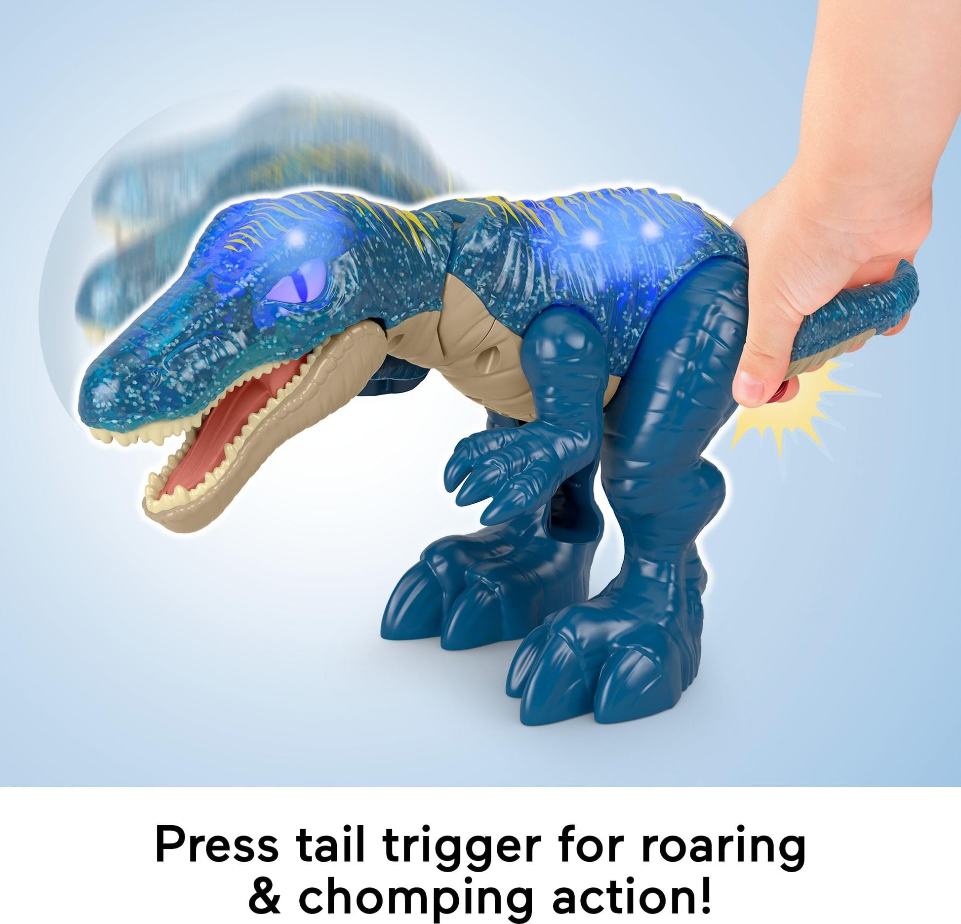 Fisher-Price Imaginext Jurassic World Baryonyx dinosaur toy with lights, sounds, and chomping action for kids aged 3+.