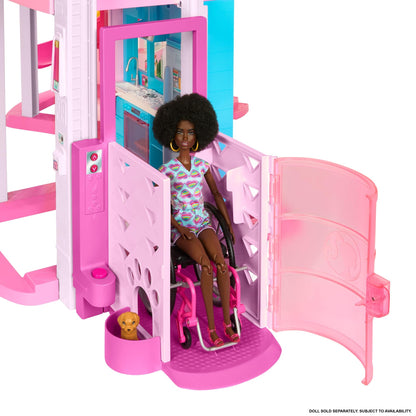 Barbie Dreamhouse with 3 storeys, pool, slide, elevator, and 75 accessories, perfect for imaginative play.