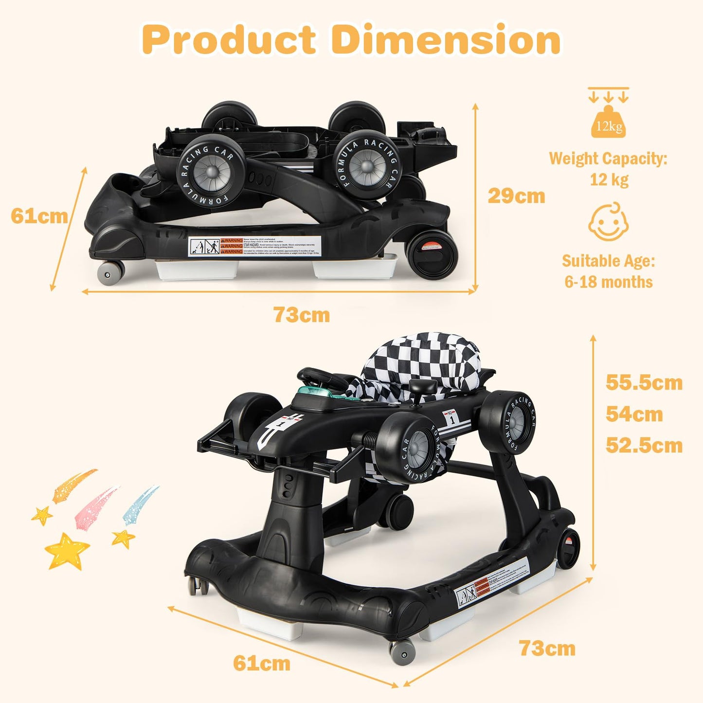 COSTWAY 4-in-1 baby walker with black foldable design, adjustable height and speed, music, lights, steering wheel for toddlers 6-18 months