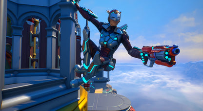 Screenshot of NERF Legends video game for PS5, featuring colorful NERF blasters and action-packed gameplay scenes.