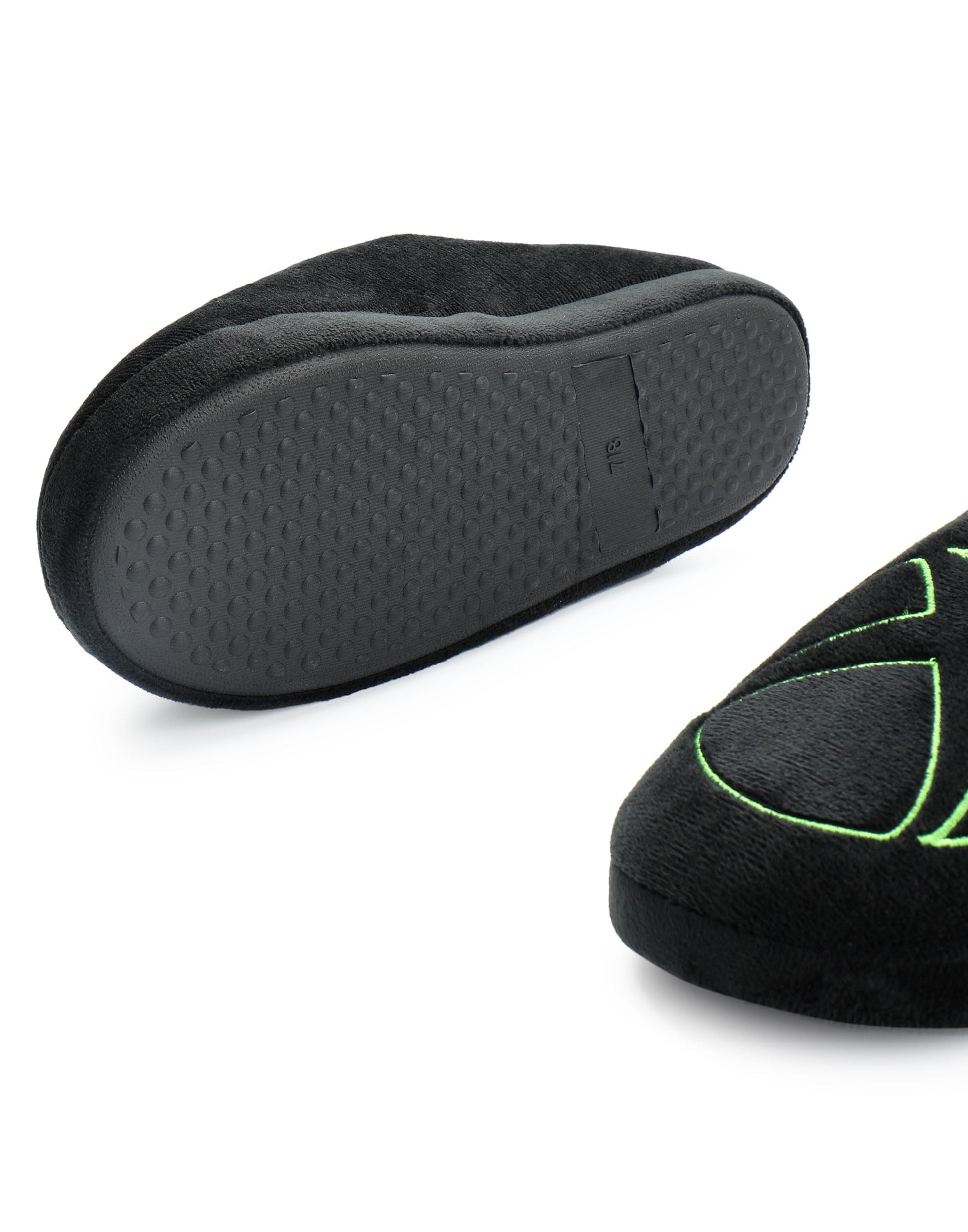 Black Xbox slippers for men with gaming logo, fur-lined velour mules, rubber sole, indoor footwear, perfect for gaming and relaxation.