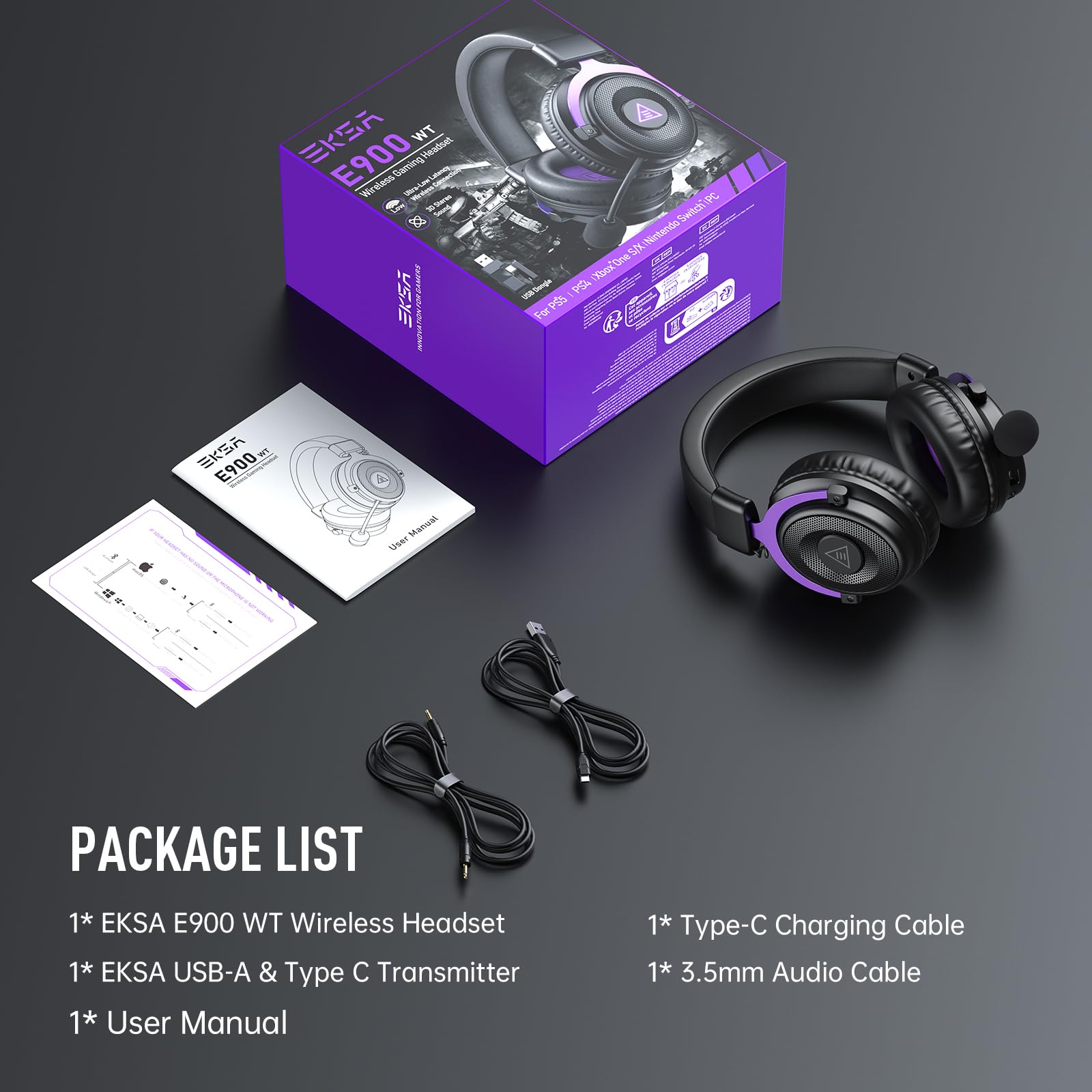 EKSA E900WT wireless gaming headset with microphone, noise canceling, 80-hour battery, USB, Bluetooth 5.4, and comfortable ear cups.