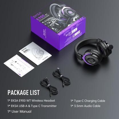 EKSA E900WT wireless gaming headset with microphone, noise canceling, 80-hour battery, USB, Bluetooth 5.4, and comfortable ear cups.