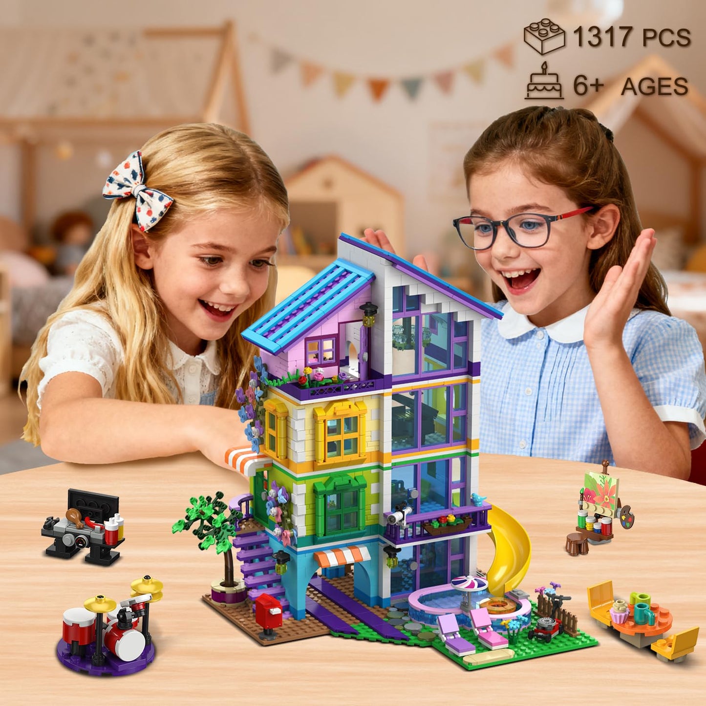 CUBIMANA Friends Girls House Building Set with LED Light - Pink Girl Villa Building Block with Car and Pool, 1317PCS Friends House Toy for Role Play, Christmas Birthday Gift for Girls Boys Age 6-14+
