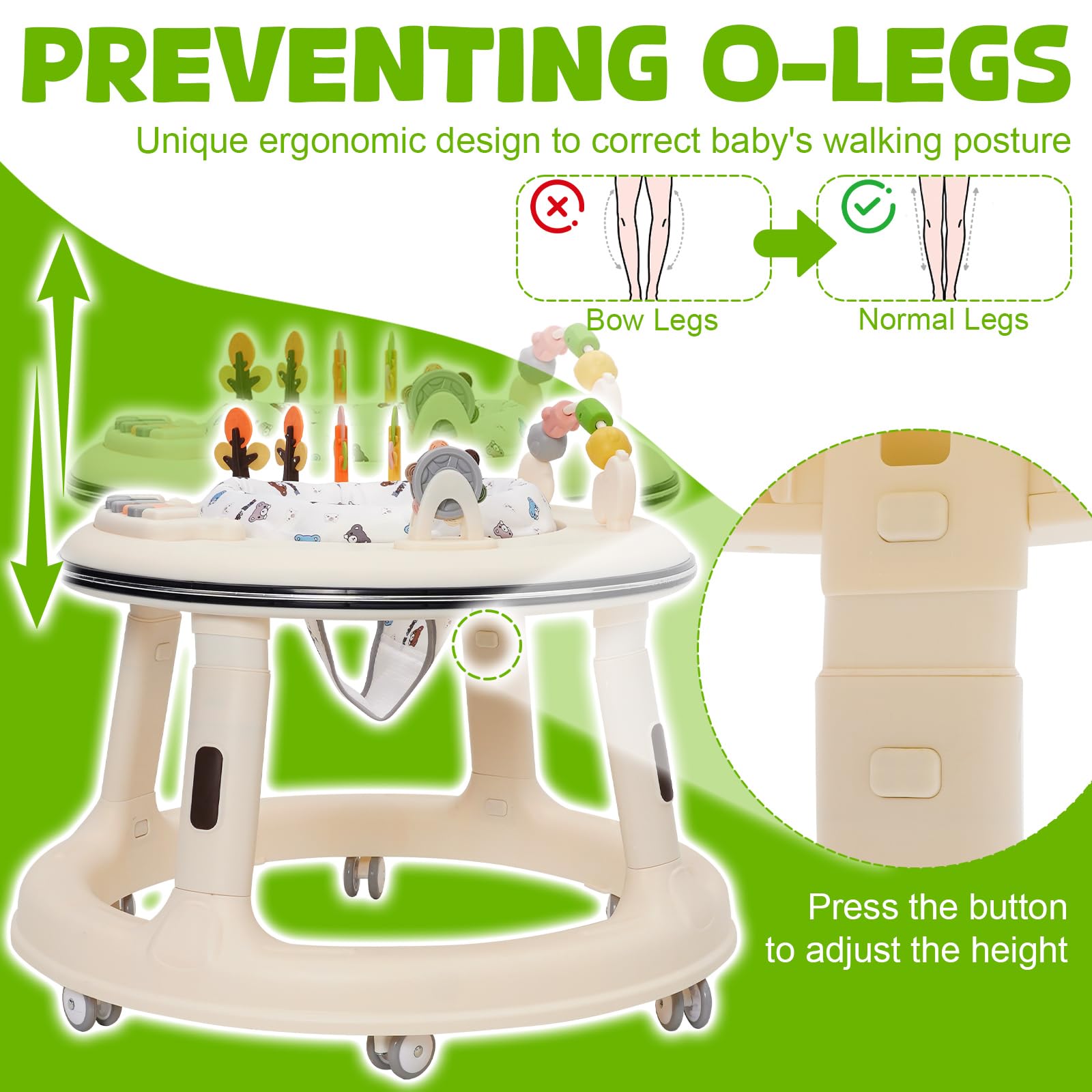 White Forroby baby walker with adjustable height, music, lights, 360° quiet wheels, swivel seat, foot pad, and activity center.