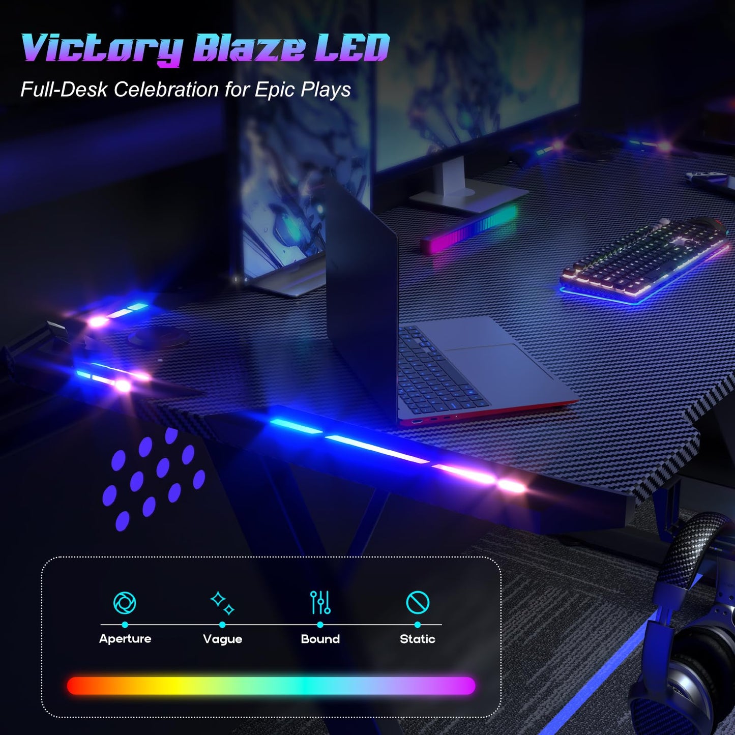Homall Gaming Desk with LED Lights, 120 x 60cm RGB Gaming Table Z Shape, Large Computer Desk with Headphone Hook, Gamer Table for Home Office, Carbon Fibre Black