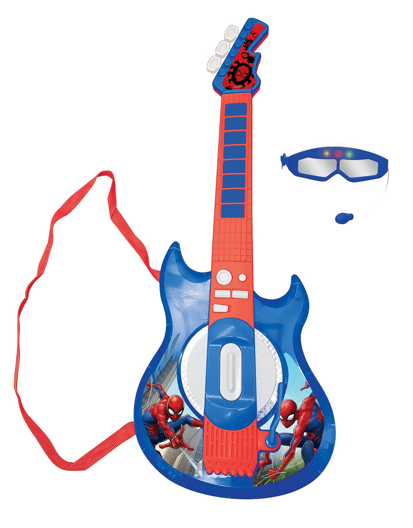 Lexibook Spider-Man light-up electronic guitar with microphone, glasses, melodies, game modes, and MP3 input in blue and red.