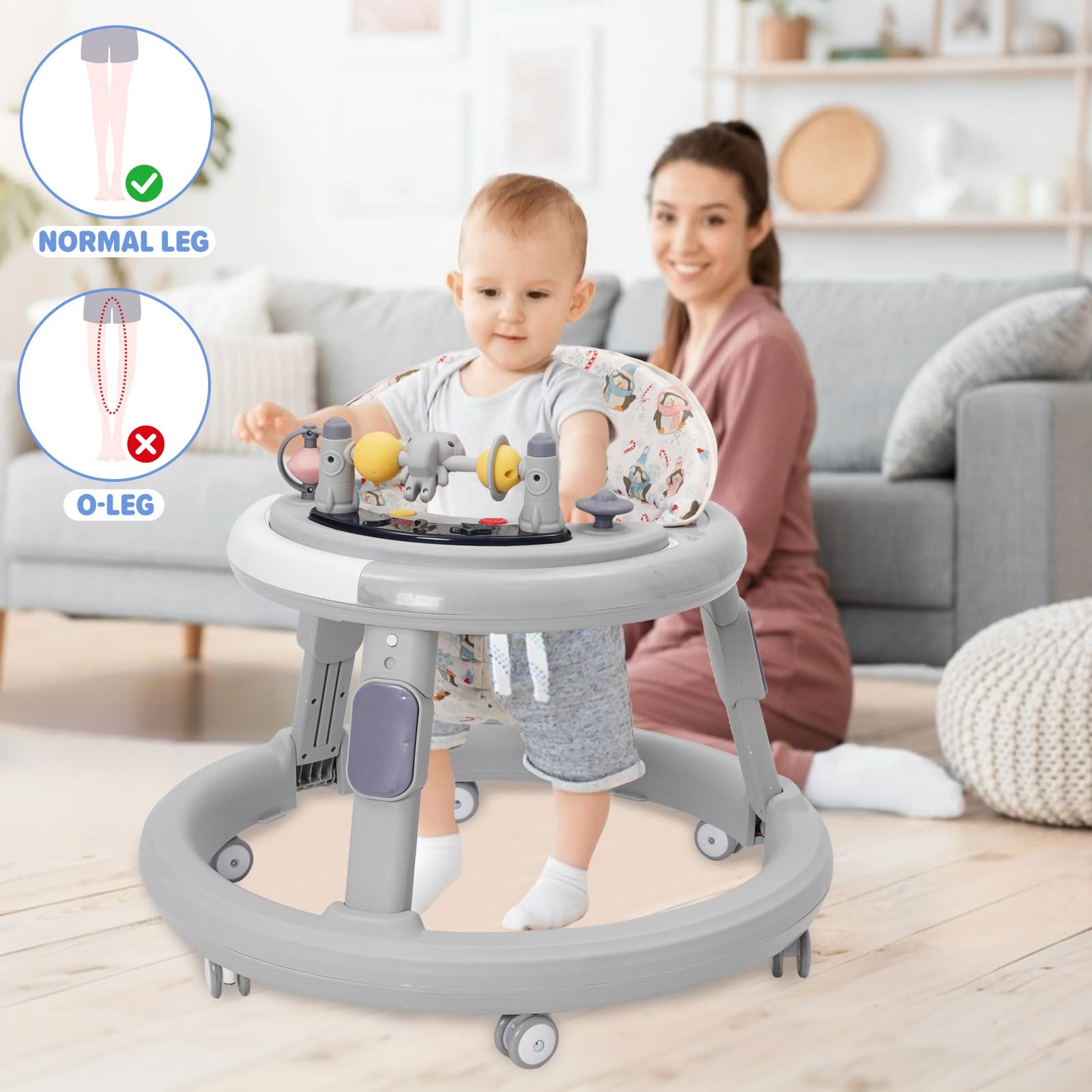 EULEUY 3-in-1 foldable baby walker with adjustable height, 360° quiet wheels, dinner tray, and music game center in grey.