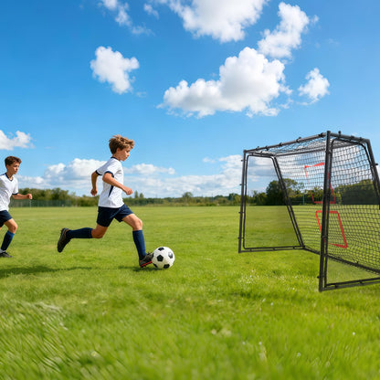 Heavy-duty steel football goals by Amazing Tour, 6ft x 4ft size with durable metal frame, deep net, rebounder, and weather-resistant design.