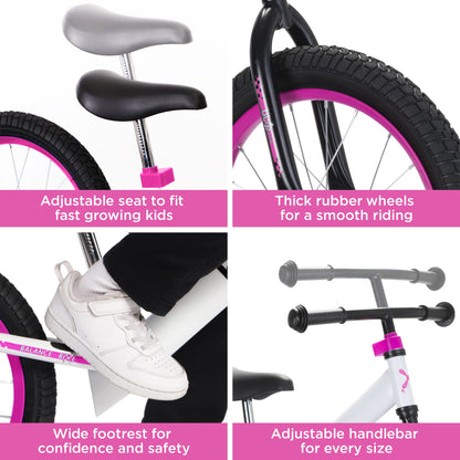 Bixe Balance Bike - 40.6 cm (16") Big Kids' Training Bikes - Kids Balance Bike Designed for Children Ages 4 to 9 - No Pedal Push Bicycle for Boys or Girls - Pink