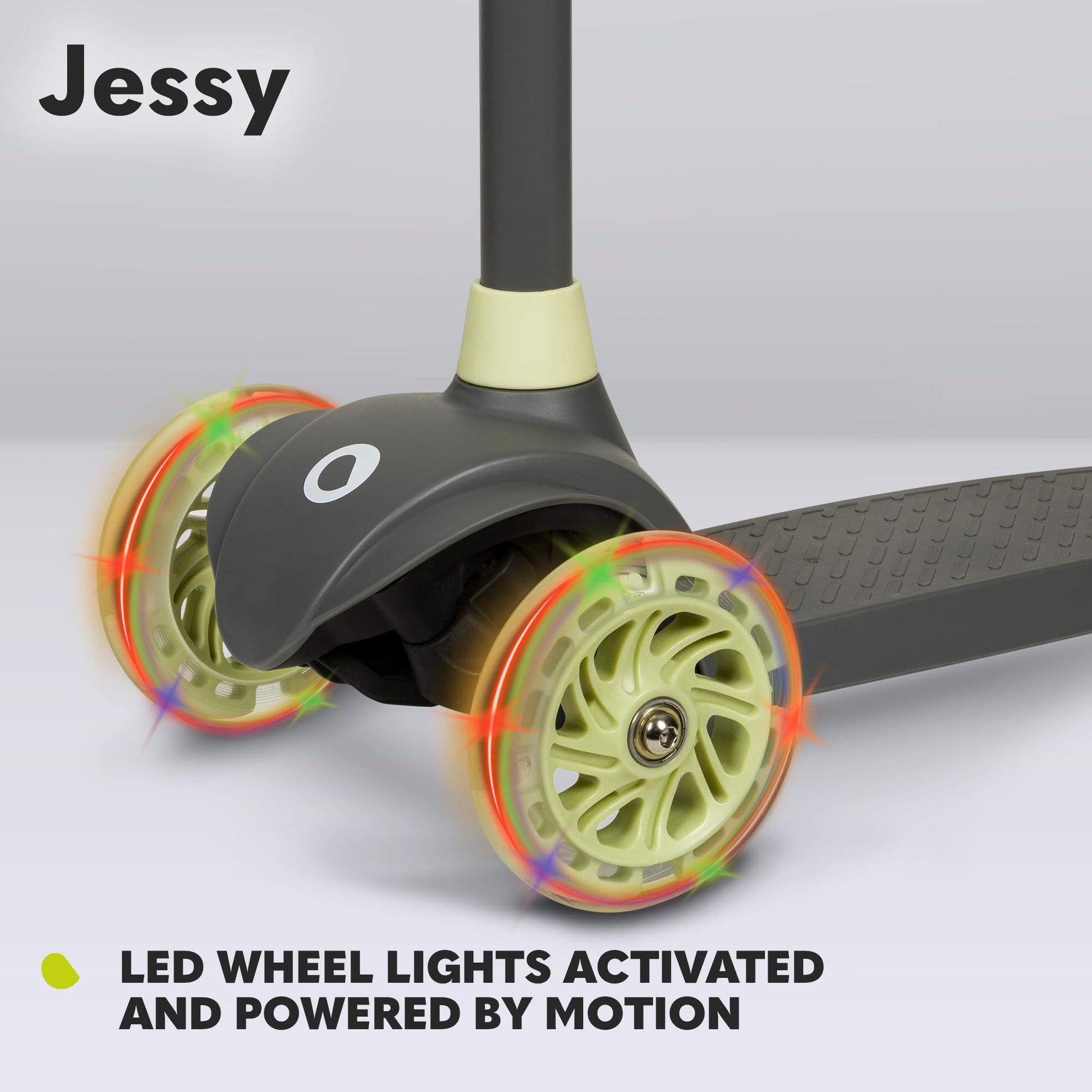 LIONELO JESSY lightweight kids scooter with LED wheels, non-slip platform, and adjustable height from 65 to 80 cm.