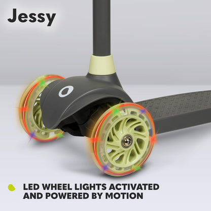 LIONELO JESSY lightweight kids scooter with LED wheels, non-slip platform, and adjustable height from 65 to 80 cm.