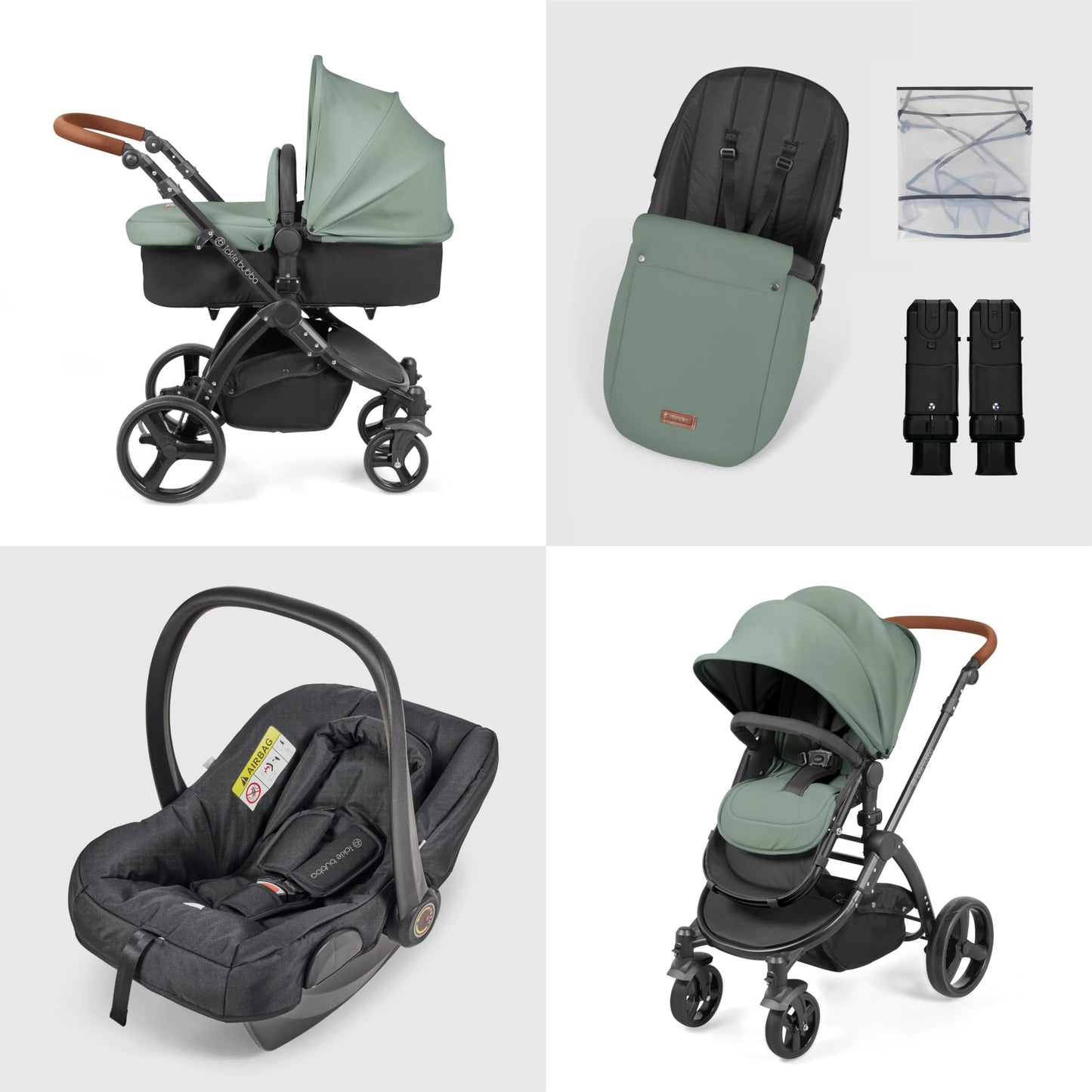 Ickle Bubba Stomp Urban 3-in-1 Travel System & Astral Car Seat – Birth to 22kgs (Approx. 4 Years), Lightweight City Pram, Carrycot & Seat Unit, Compact Fold, UPF 50+ Hood & Accessories (Sage Green)