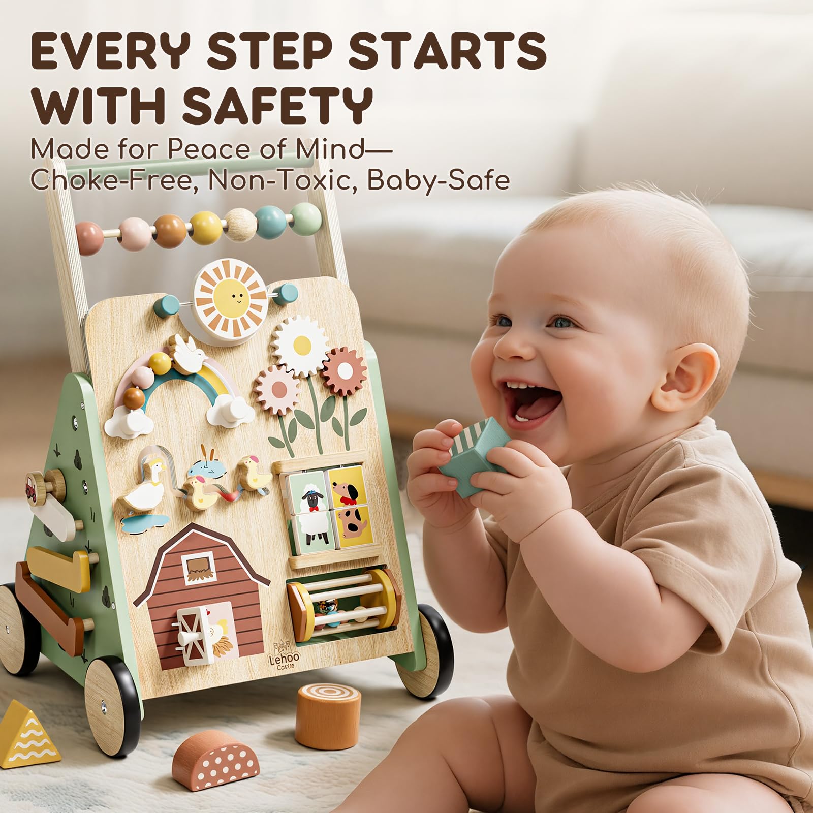 Lehoo Castle wooden baby walker with colorful toys, push-along design, suitable for 1-2 year old boys and girls, 10-in-1 activity center