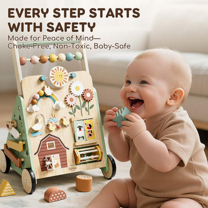Lehoo Castle wooden baby walker with colorful toys, push-along design, suitable for 1-2 year old boys and girls, 10-in-1 activity center