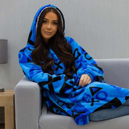 PlayStation oversized hooded fleece blanket Oodie for adults, featuring check wear design, large cozy wearable blanket.