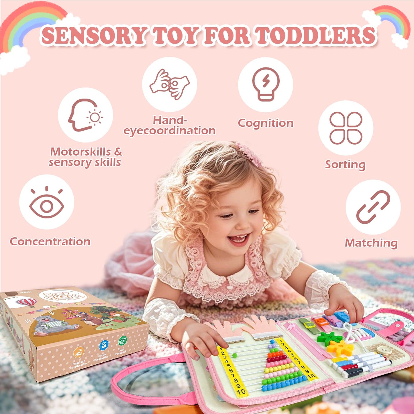 Busy Book, Busy Board for Toddler, Montessori Toys, Toddler Travel Toys, Plane Toys for 3 4 5 Year Old, Baby Travel Toys, Plane Activities for Kids, Activity Book, Pink Unicorn Sensory Board