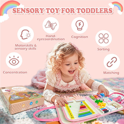 Busy Book, Busy Board for Toddler, Montessori Toys, Toddler Travel Toys, Plane Toys for 3 4 5 Year Old, Baby Travel Toys, Plane Activities for Kids, Activity Book, Pink Unicorn Sensory Board